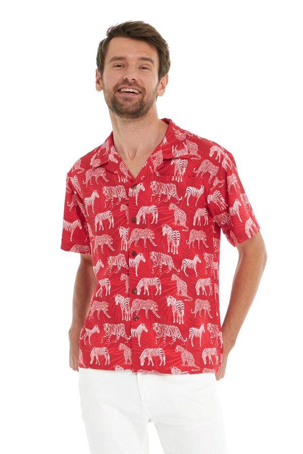 Men's Hawaiian Shirt - Polyester Tropical Jungle Red Aloha Print Shirt
