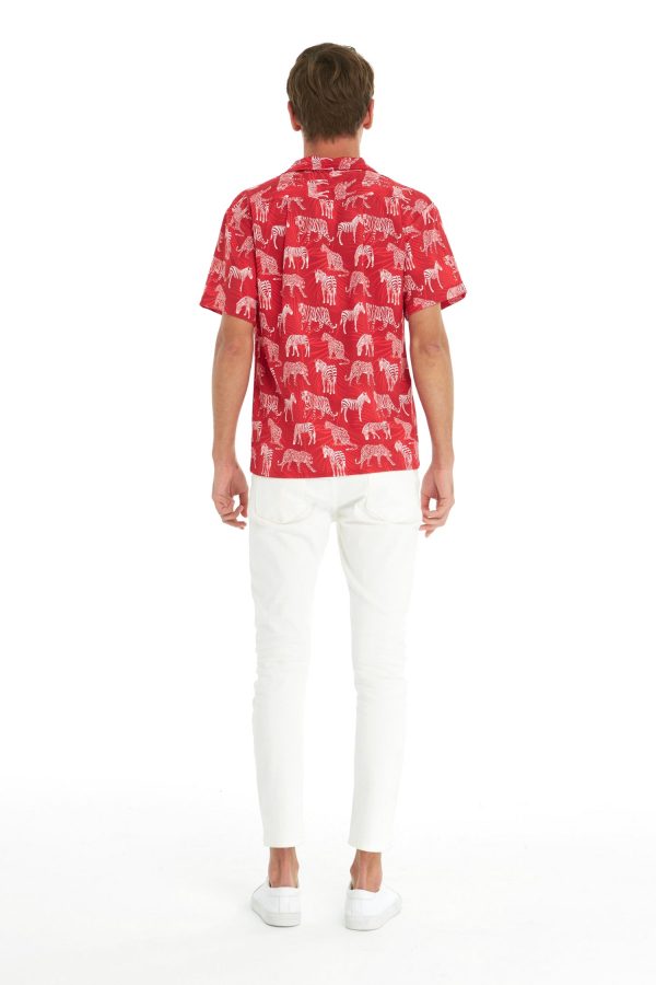 Men's Hawaiian Shirt - Polyester Tropical Jungle Red Aloha Print Shirt - Image 2