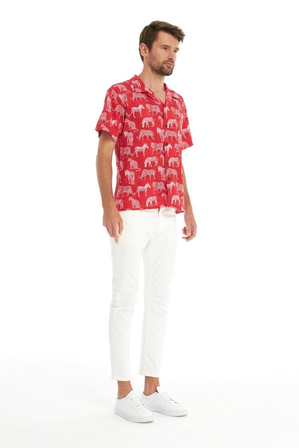 Men's Hawaiian Shirt - Polyester Tropical Jungle Red Aloha Print Shirt - Image 3