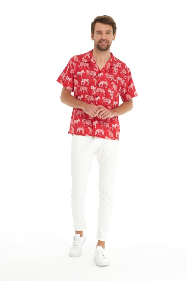 Men's Hawaiian Shirt - Polyester Tropical Jungle Red Aloha Print Shirt - Image 4
