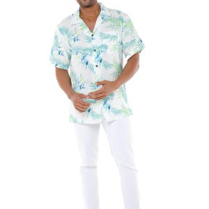 Men's Hawaiian Shirt - Polyester Orchid Breeze White Aloha Print Shirt