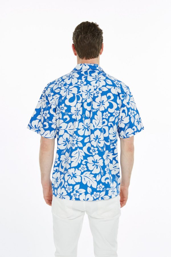 Men's Hawaiian Shirt - Polyester Vintage Hibiscus Blue Aloha Print Shirt - Image 3