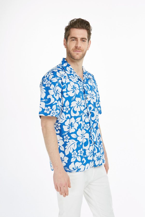Men's Hawaiian Shirt - Polyester Vintage Hibiscus Blue Aloha Print Shirt - Image 4