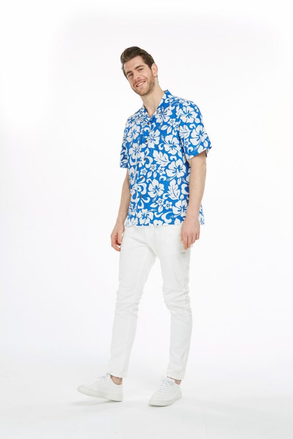 Men's Hawaiian Shirt - Polyester Vintage Hibiscus Blue Aloha Print Shirt - Image 5