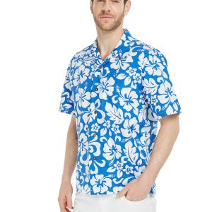 Men's Hawaiian Shirt - Polyester Vintage Hibiscus Blue Aloha Print Shirt