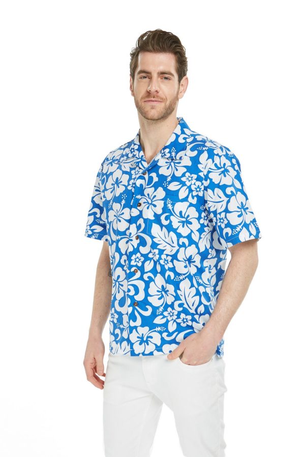 Men's Hawaiian Shirt - Polyester Vintage Hibiscus Blue Aloha Print Shirt