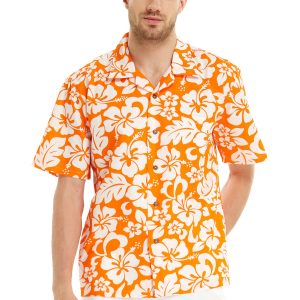 Men's Hawaiian Shirt - Polyester Vintage Hibiscus Orange Aloha Print Shirt