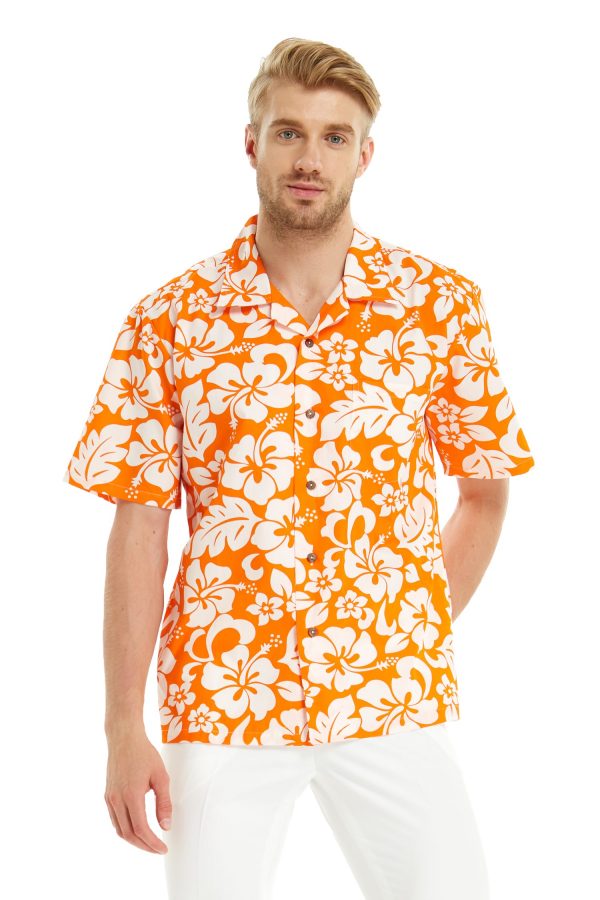 Men's Hawaiian Shirt - Polyester Vintage Hibiscus Orange Aloha Print Shirt