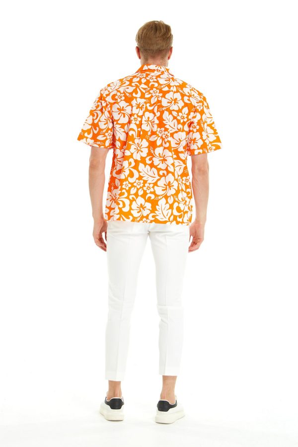 Men's Hawaiian Shirt - Polyester Vintage Hibiscus Orange Aloha Print Shirt - Image 3