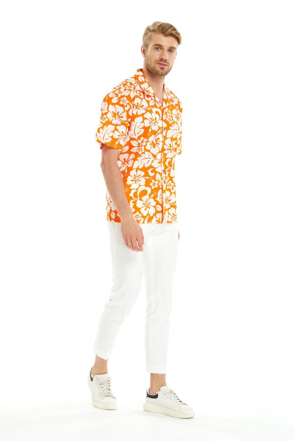 Men's Hawaiian Shirt - Polyester Vintage Hibiscus Orange Aloha Print Shirt - Image 4