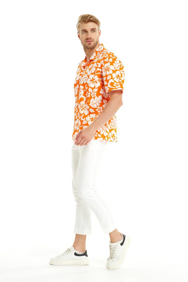 Men's Hawaiian Shirt - Polyester Vintage Hibiscus Orange Aloha Print Shirt - Image 5