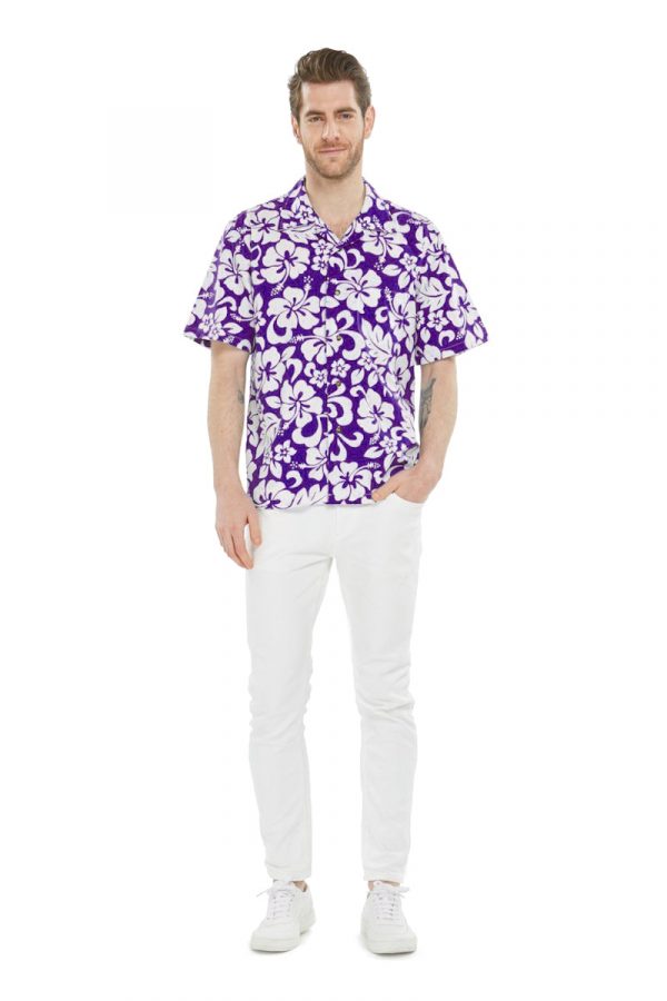 Men's Hawaiian Shirt - Polyester Vintage Hibiscus Purple Aloha Print Shirt - Image 3