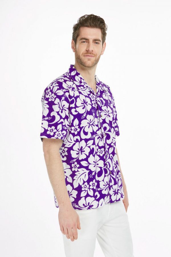 Men's Hawaiian Shirt - Polyester Vintage Hibiscus Purple Aloha Print Shirt - Image 4