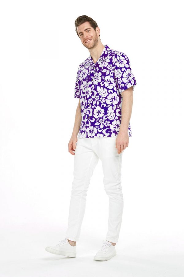 Men's Hawaiian Shirt - Polyester Vintage Hibiscus Purple Aloha Print Shirt - Image 5
