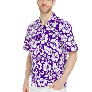Men's Hawaiian Shirt - Polyester Vintage Hibiscus Purple Aloha Print Shirt