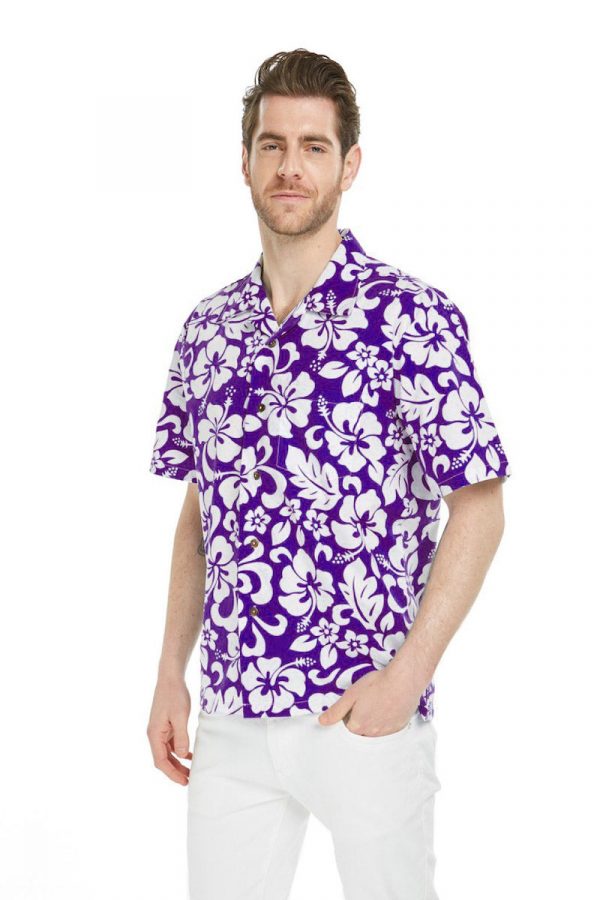 Men's Hawaiian Shirt - Polyester Vintage Hibiscus Purple Aloha Print Shirt