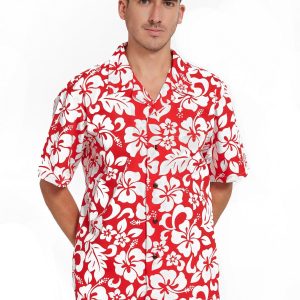 Men's Hawaiian Shirt - Polyester Vintage Hibiscus Red Aloha Print Shirt