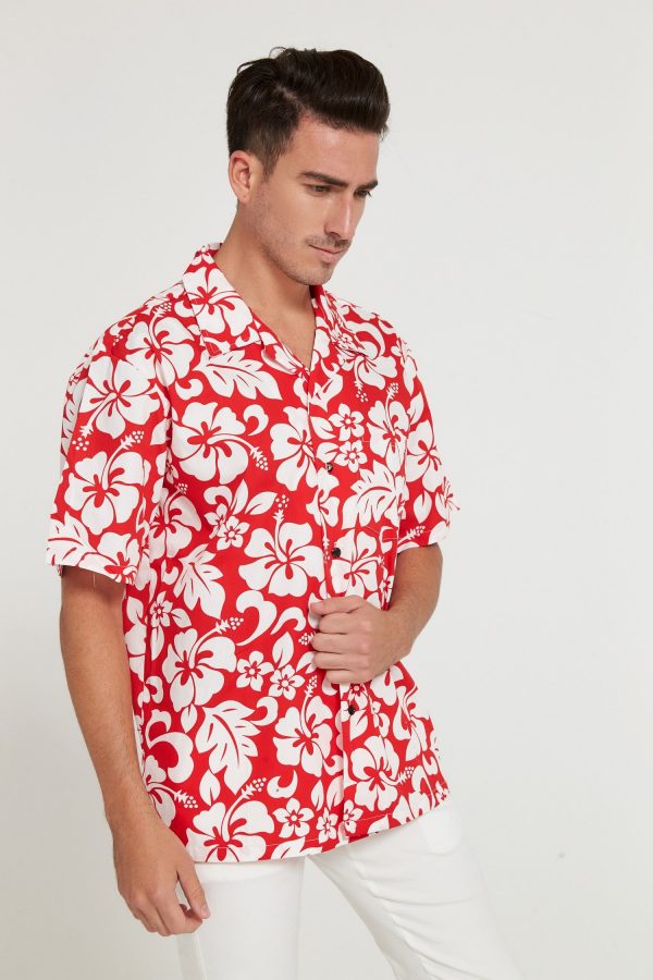 Men's Hawaiian Shirt - Polyester Vintage Hibiscus Red Aloha Print Shirt - Image 3