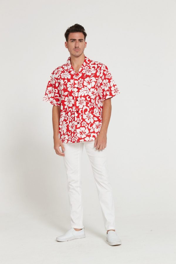 Men's Hawaiian Shirt - Polyester Vintage Hibiscus Red Aloha Print Shirt - Image 4