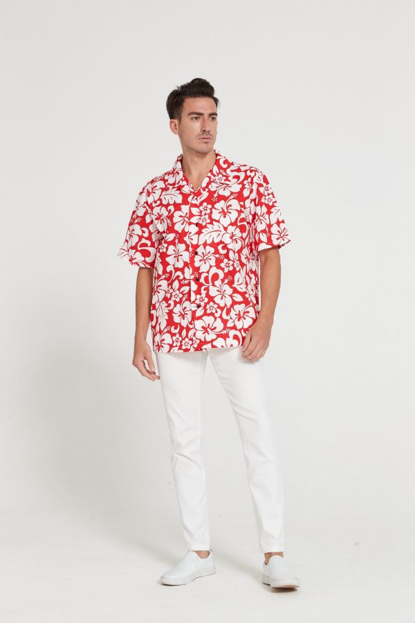 Men's Hawaiian Shirt - Polyester Vintage Hibiscus Red Aloha Print Shirt - Image 5