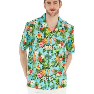 Men's Hawaiian Shirt - Polyester Pineapple Paradise Turquoise Aloha Print Shirt