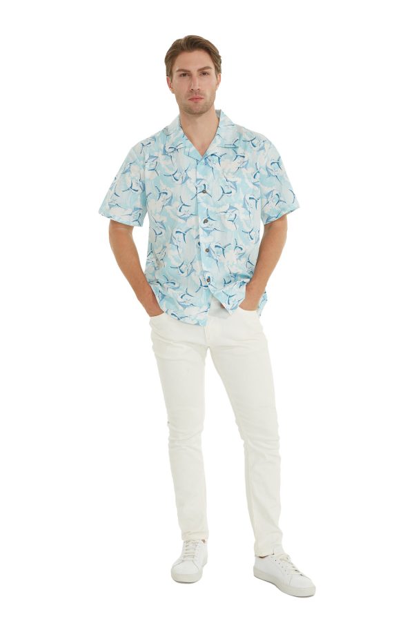 Men's Hawaiian Shirt - Polyester Marlin Blue Aloha Print Shirt