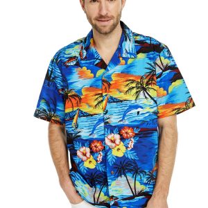 Men's Hawaiian Shirt - Polyester Dolphin Sunset Blue Aloha Print Shirt