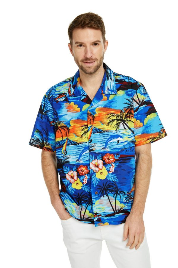 Men's Hawaiian Shirt - Polyester Dolphin Sunset Blue Aloha Print Shirt