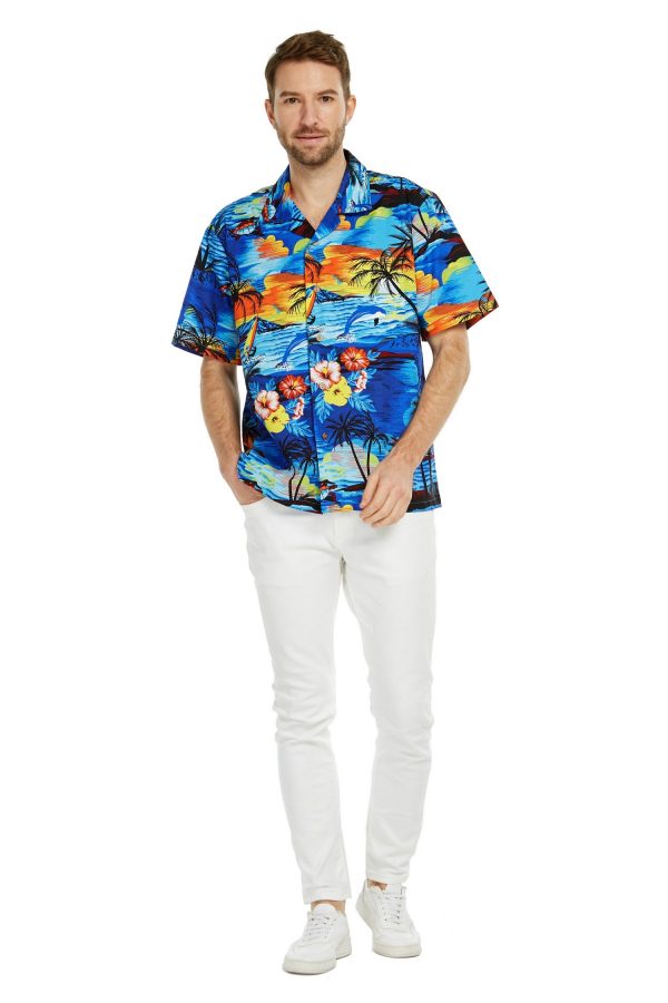 Men's Hawaiian Shirt - Polyester Dolphin Sunset Blue Aloha Print Shirt - Image 2