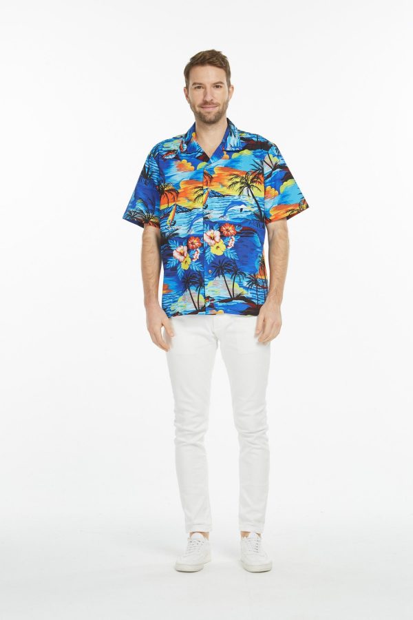 Men's Hawaiian Shirt - Polyester Dolphin Sunset Blue Aloha Print Shirt - Image 3