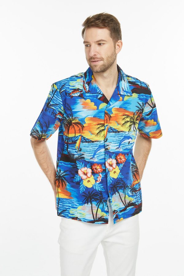 Men's Hawaiian Shirt - Polyester Dolphin Sunset Blue Aloha Print Shirt - Image 4