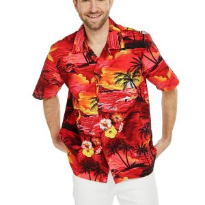 Men's Hawaiian Shirt - Polyester Dolphin Sunset Red Aloha Print Shirt