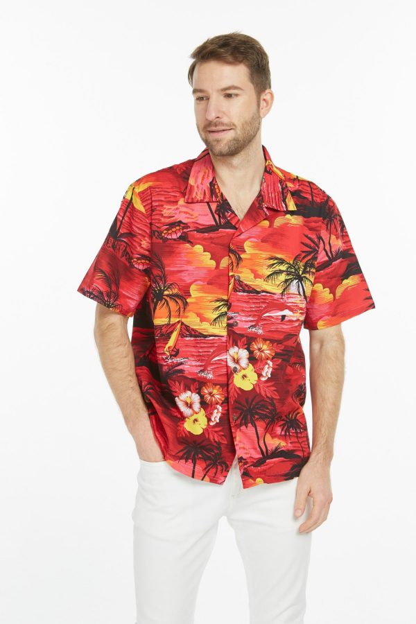 Men's Hawaiian Shirt - Polyester Dolphin Sunset Red Aloha Print Shirt - Image 3