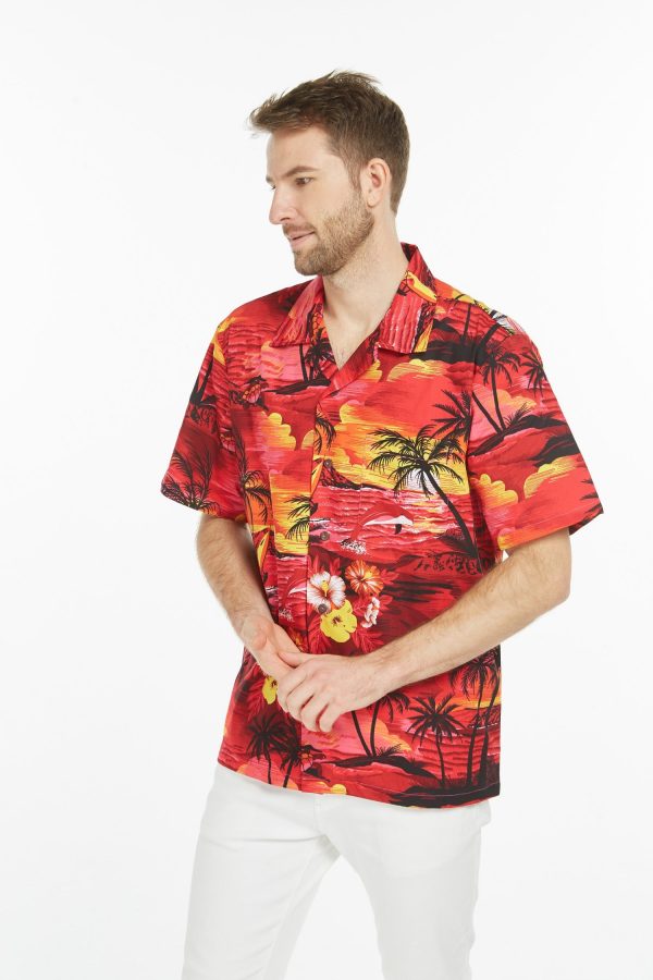 Men's Hawaiian Shirt - Polyester Dolphin Sunset Red Aloha Print Shirt - Image 5