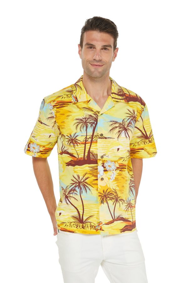 Men's Hawaiian Shirt - Polyester Dolphin Sunset Yellow Aloha Print Shirt