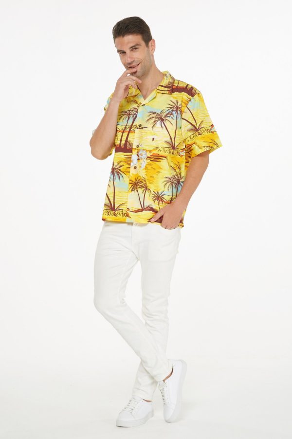 Men's Hawaiian Shirt - Polyester Dolphin Sunset Yellow Aloha Print Shirt - Image 4