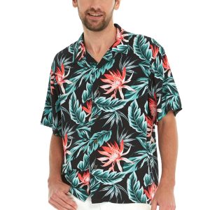 Men's Hawaiian Shirt - Polyester Blooming Lily Black Aloha Print Shirt