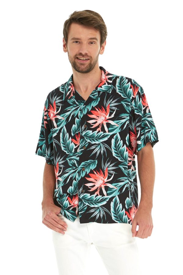 Men's Hawaiian Shirt - Polyester Blooming Lily Black Aloha Print Shirt