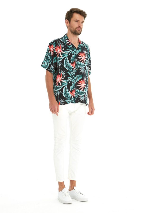 Men's Hawaiian Shirt - Polyester Blooming Lily Black Aloha Print Shirt - Image 3