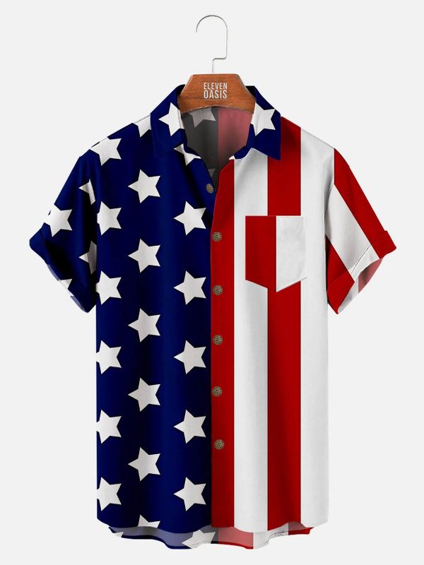 Men's Hawaiian Shirt with Pocket - Patriotic Star & Stripe Shirt for Independence Day