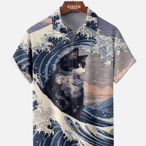 Men's Hawaiian Shirt - Japanese Ocean Wave and Cat Art Print Polyester Casual Summer Shirt