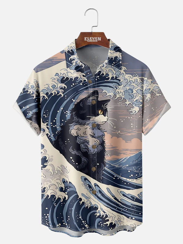 Men's Hawaiian Shirt - Japanese Ocean Wave and Cat Art Print Polyester Casual Summer Shirt