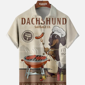 Men's Hawaiian Shirt - BBQ Sausage Dog and Weiner Dachshund Print Polyester Casual Summer Shirt