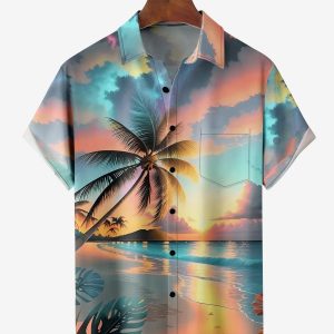 Men's Hawaiian Shirt - Beach Sunset and Palm Tree Scene Print Polyester Casual Summer Shirt