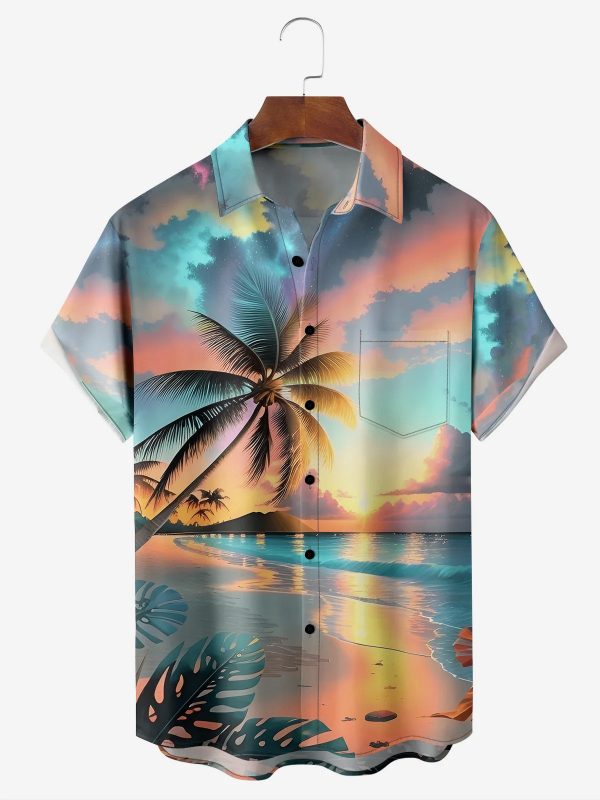 Men's Hawaiian Shirt - Beach Sunset and Palm Tree Scene Print Polyester Casual Summer Shirt