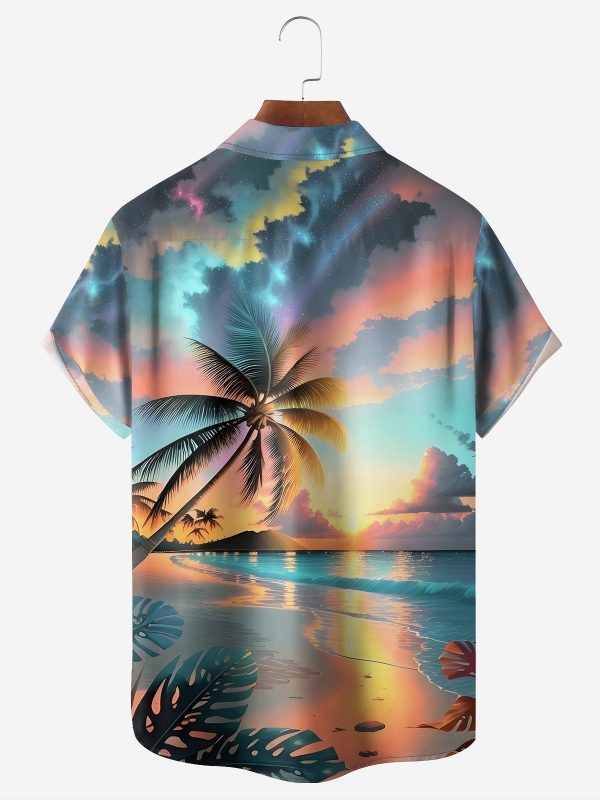 Men's Hawaiian Shirt - Beach Sunset and Palm Tree Scene Print Polyester Casual Summer Shirt - Image 2