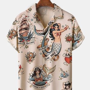Men's Hawaiian Shirt - Sailor Tattoo Mermaids Print Vintage Nautical Polyester Summer Shirt