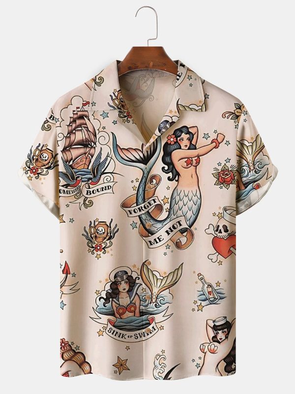 Men's Hawaiian Shirt - Sailor Tattoo Mermaids Print Vintage Nautical Polyester Summer Shirt