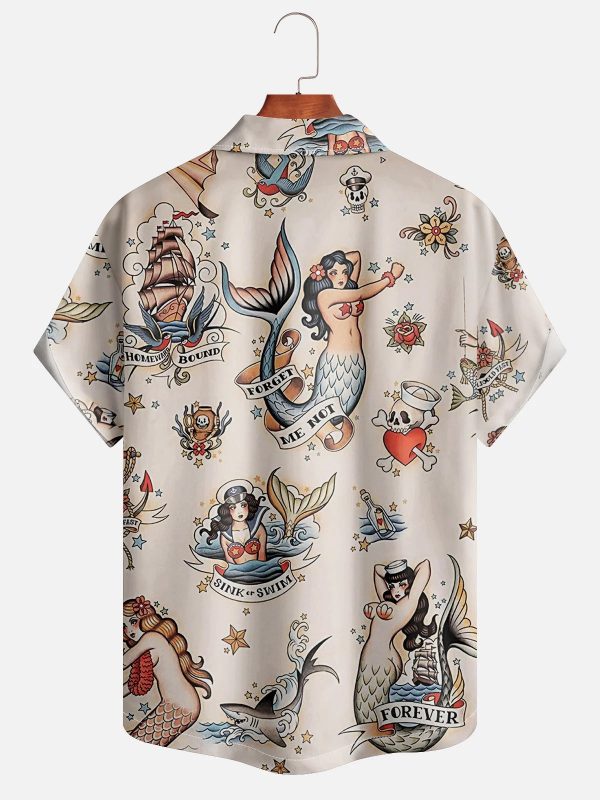 Men's Hawaiian Shirt - Sailor Tattoo Mermaids Print Vintage Nautical Polyester Summer Shirt - Image 2