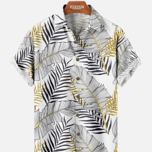 Men's Hawaiian Shirt - Golden White Leaf Foliage Print Polyester Summer Shirt